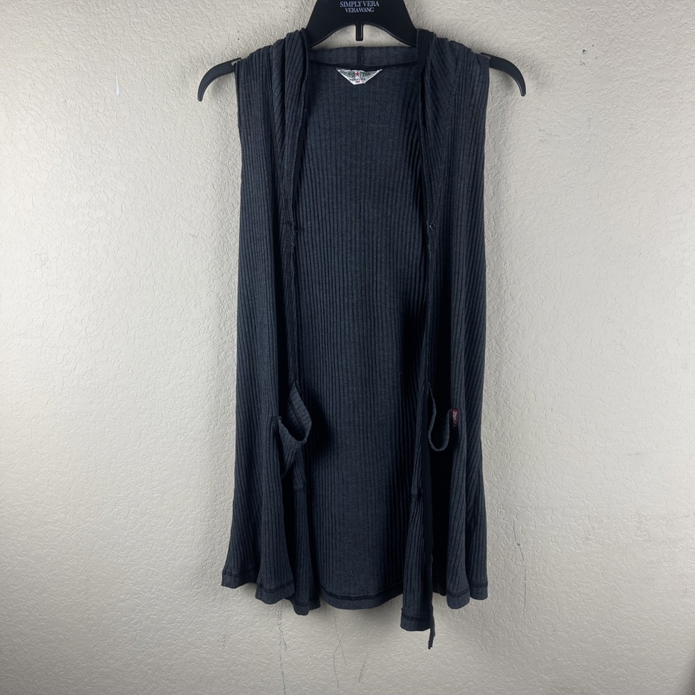 Hard Tail Forever Women's Medium Charcoal Ribbed Sleeveless Hooded Longline Vest